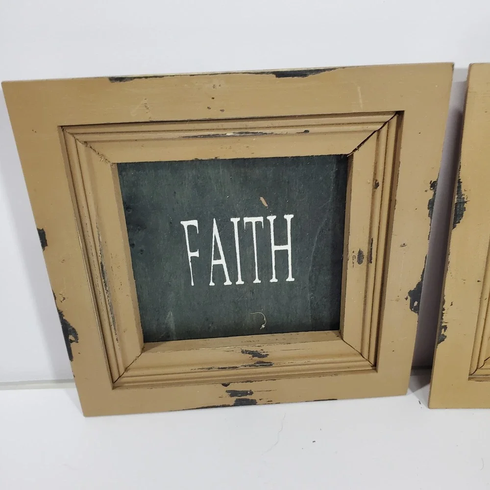 Farmhouse Wood Wall Art Set 3 Family Faith Friends Distressed Tan Square Signs